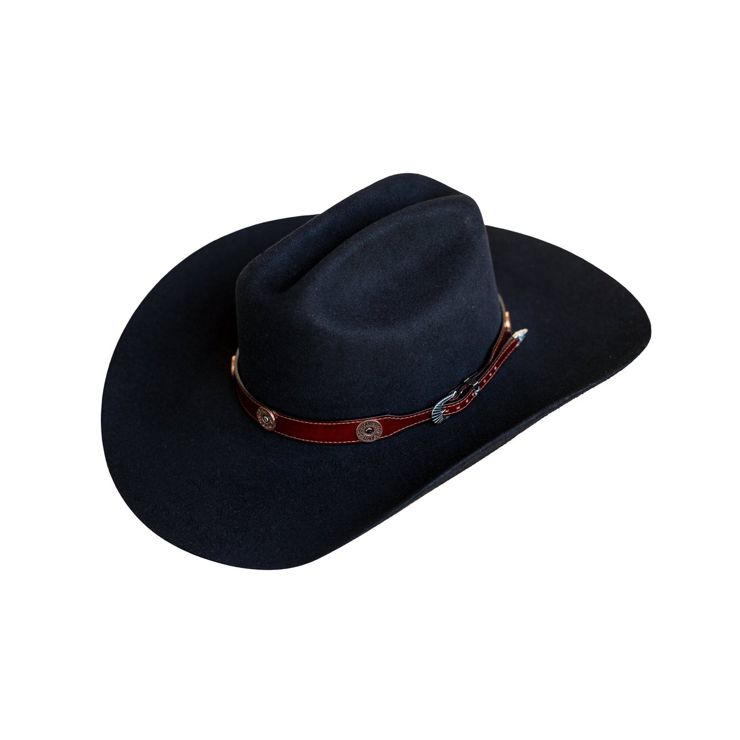 Make Ready Range Wear 12ga inspired hatband displayed on western hat. Hatband is 3/4" wide and 28" long. Designed with an adjustable buckle closure for the perfect fit. Made in USA.